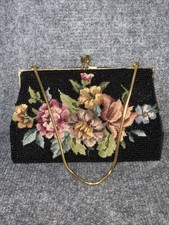 Vintage Fine Petit Point Black Floral Beaded Evening Bag Purse Glass Seed Beads
