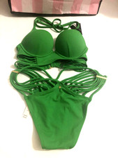 Victoria's Secret Bombshell Push-up Strappy Swim bikini 2 Piece Set Green NWT