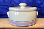 Vtg McCoy USA #1421 7.75" Across by 4.25" Deep Bean Pot w/Lid Pink & Blue Stripe