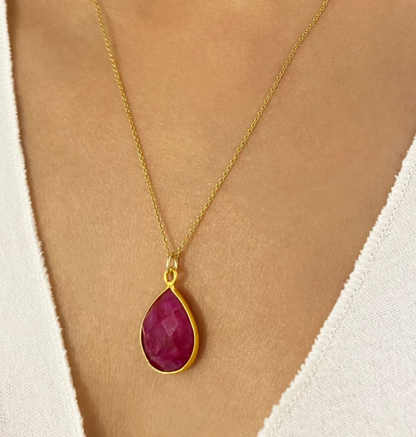 Real Teardrop Red Ruby Necklace Gold Filled Birthstone Ruby Jewelry In Silver - Image 2 of 4