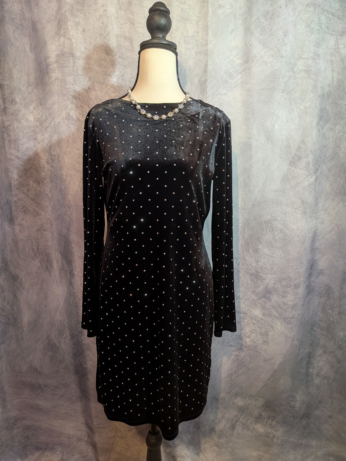 H&M Black Velvet Studded Scoop Back Long Sleeve Mini Dress Size M holiday party