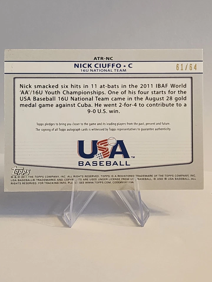 2011 Topps USA Baseball Team Nick Ciuffo Tripple Patch Auto 61/64 Player Worn - Image 2 of 2