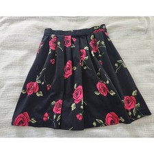 Vintage Floral Pleated A-Line Midi Skirt Cotton w/ Pockets Size M Retro Style