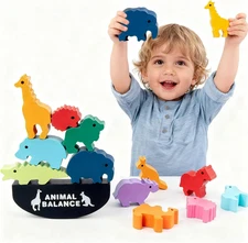 Montessori Wooden Blocks Stacking Toys for Kids, Animal Balance Game for Toddler