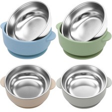4 Pack Stainless Steel Baby Bowls with Suction 2-in-1