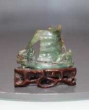 Antique Chinese carved jadeite boat on stand, Qing Dynasty, 19th century. FINE.