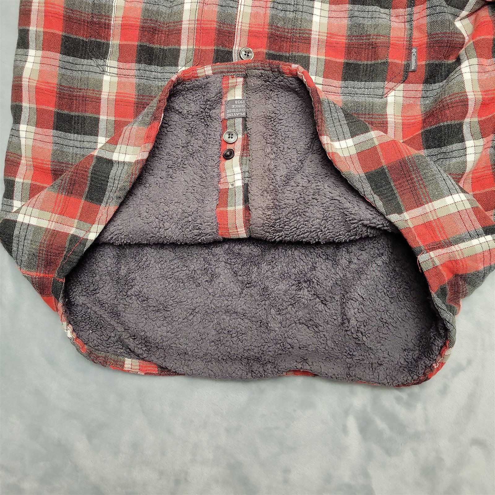 Columbia Shirt Jacket Men M Red Plaid Long Sleeve Sherpa Shacket Big Sky Brewing