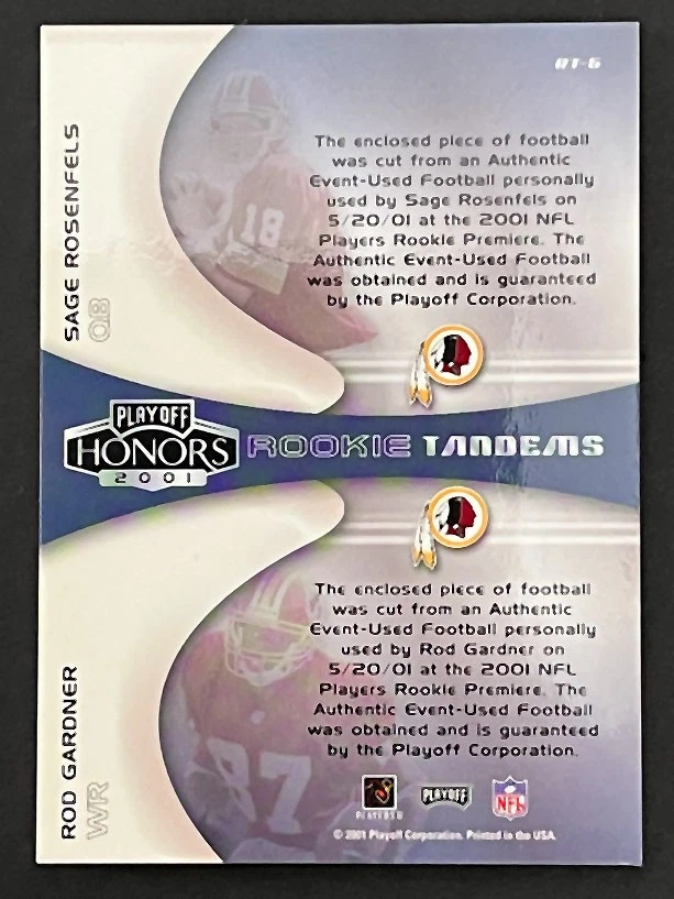 2001 Playoff Honors #RT-5 Sage Rosenfels / Rod Gardner Rookie Tandem Footballs - Image 2 of 2