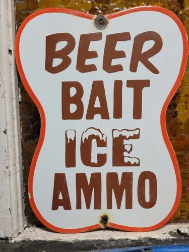 VINTAGE GAS STATION PORCELAIN SIGN OLD BEER BAIT ICE AMMO GENERAL STORE CABIN