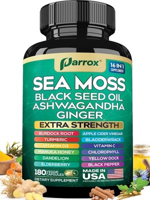 Sea Moss, Black Seed Oil, Ashwagandha, Turmeric, Chlorophyll, Dandelion, Ginge