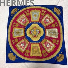 HERMES Carre 90 Silk Navy Excellent Made in France