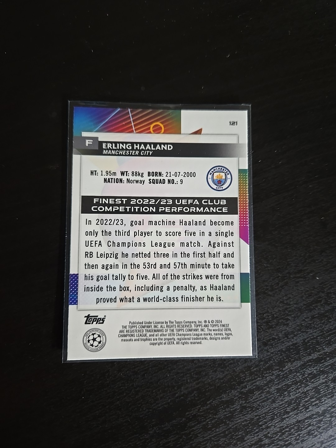2023-24 Topps Finest UEFA Club Competitions Erling Haaland #121 Man City - JL view 2