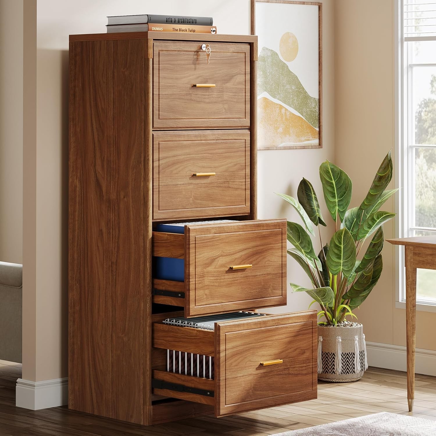 4-Drawer File Cabinet with Key, Tall Wooden File Cabinets for Home Office-Brown