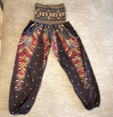 Women's Paisley Harem Pants One Size Regular Polyester Elastic Waist Black Multi