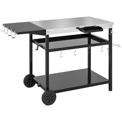 Black Outdoor Grill Cart with Stainless Steel Tabletop, 3-Shelf Outdoor Pizza Ov