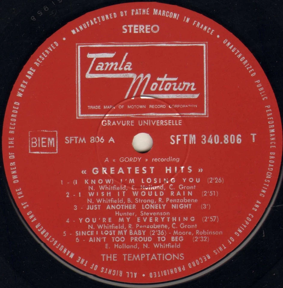 THE TEMPTATIONS "GREATEST HITS" LP 1968 TAMLA MOTOWN SFTM 340806 - Photo 4/4
