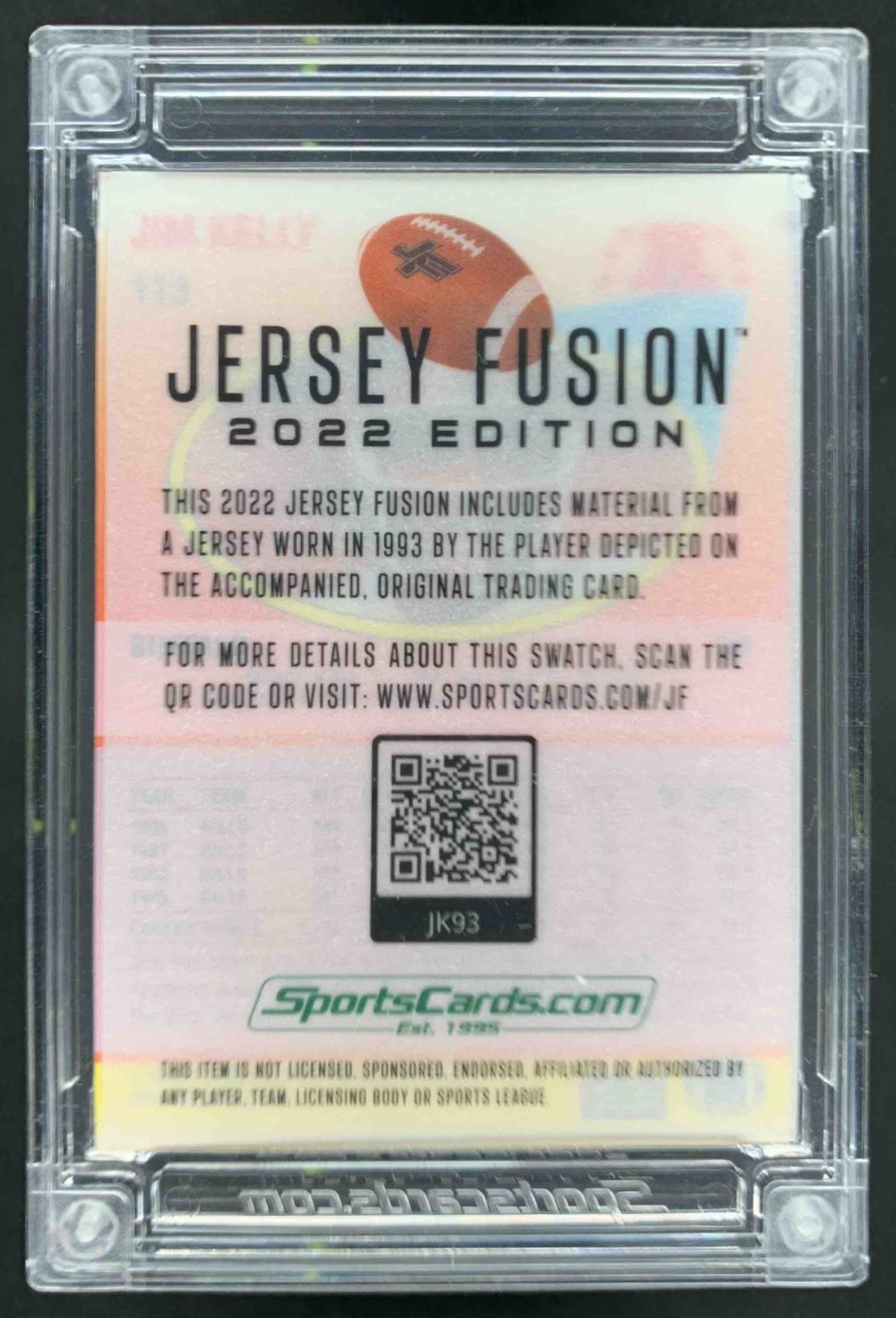 Jim Kelly 2022 Jersey Fusion 1993 Game Used Swatch Patch view 2