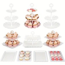 10Pcs Cake Rack Set 3 Double 3 Triple Layered Cupcake Stands 4 Appetizer Trays F