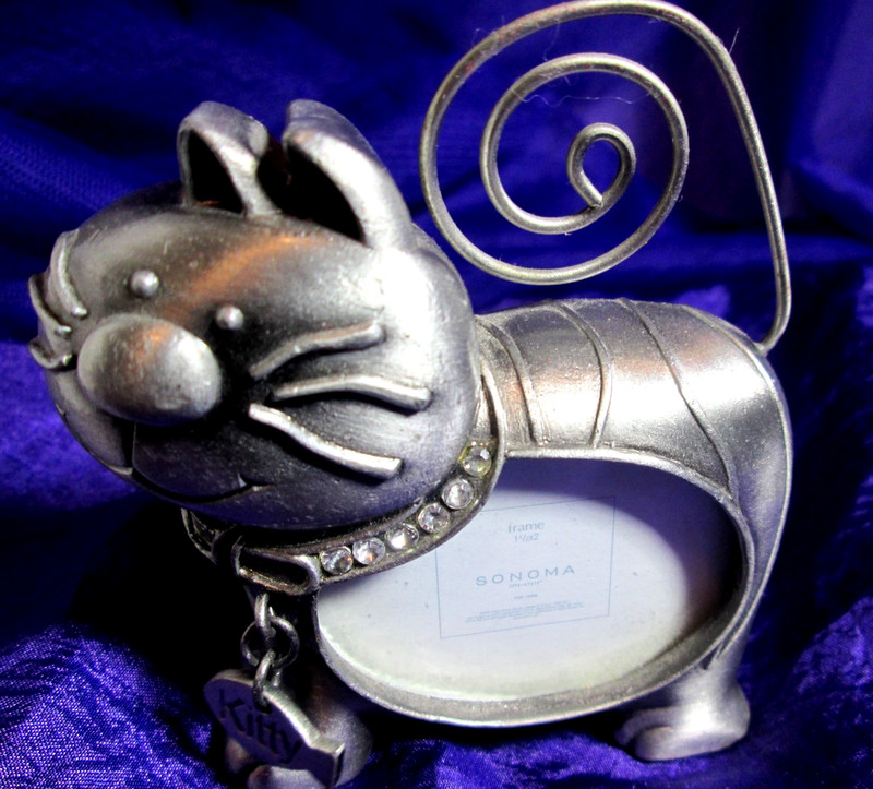 Miniature Cat Kitty w/Rhinestone Collar Metal Picture Frame - Holds 1.5"X 1.75"