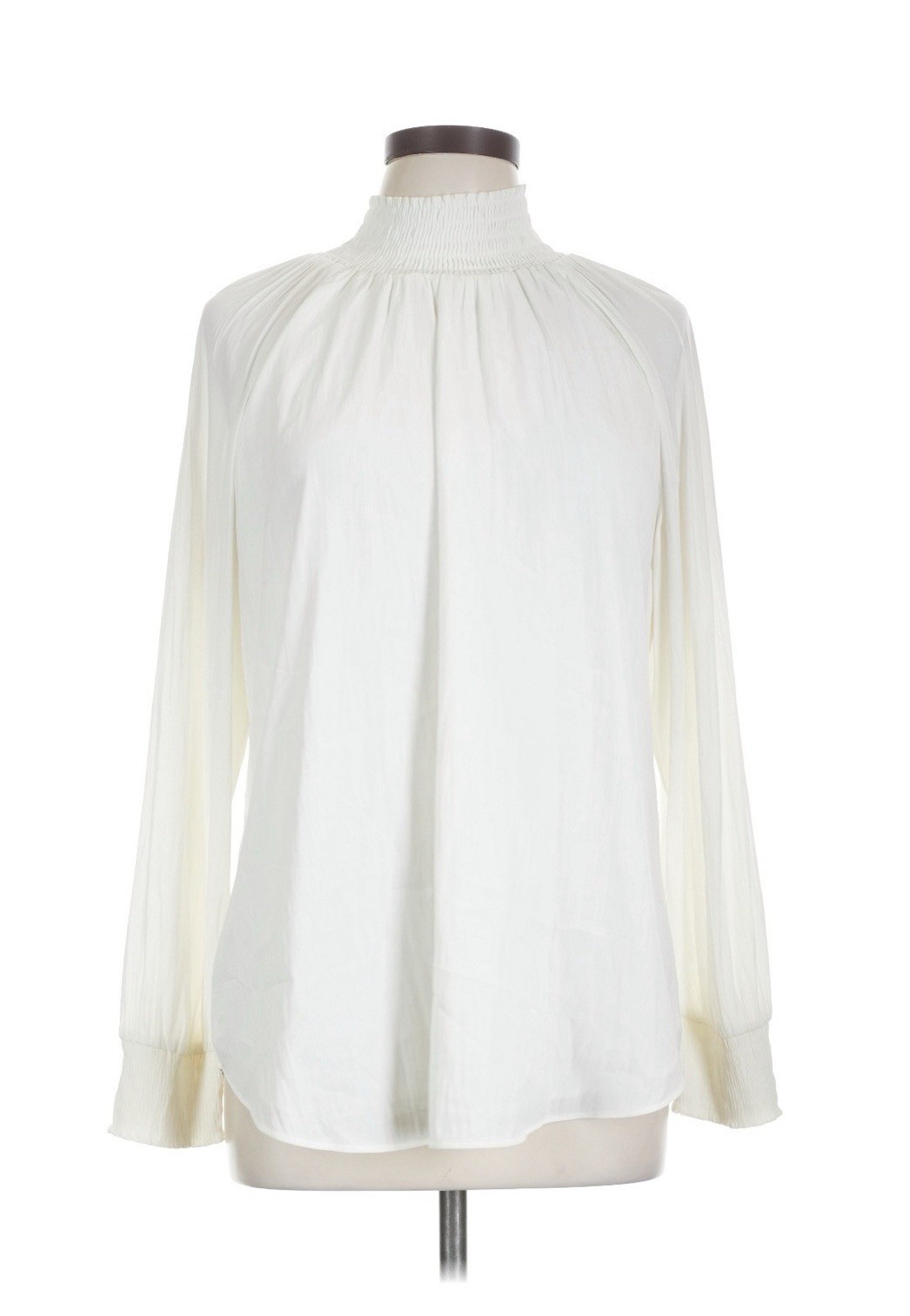 Chico's White Solid Chiffon Smocked Mock Neck Balloon Long Sleeve Blouse 2
