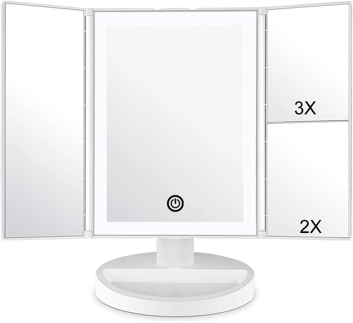 Specchio Trucco LED Tri-Fold: Touch Screen e Ingrandimento 1X 2X 3X
