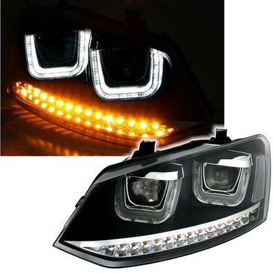 Scheinwerfer Schwarz LED U-Tube Tagfahrlicht dynam Blinker für VW Polo 6R 2009-