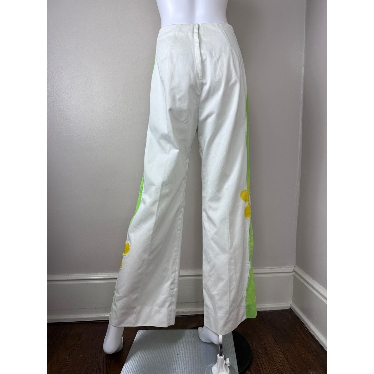 Vintage 1960s/70s White Flower Pants 60s Straight Leg High Rise