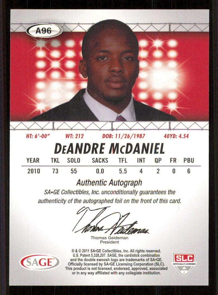 2011 SAGE HIT AUTO Gold #96 DeAndre McDaniel /250 - Image 2 of 2