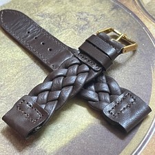 Short matte brown braided 16mm vintage Leather watch strap 1960s Made in USA