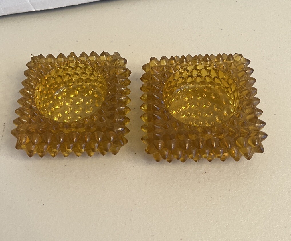 2 Vintage Amber Hobnail Glass Square Salt Cellars Votive Candle Holders