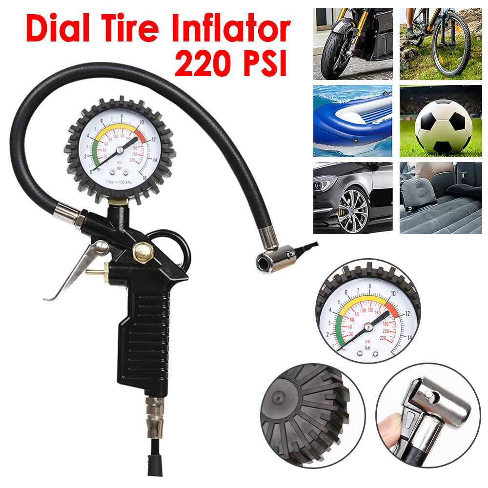 220 psi Lock On Tire Inflator with Air Pressure Gauge Pistol Chuck Flexible Hose
