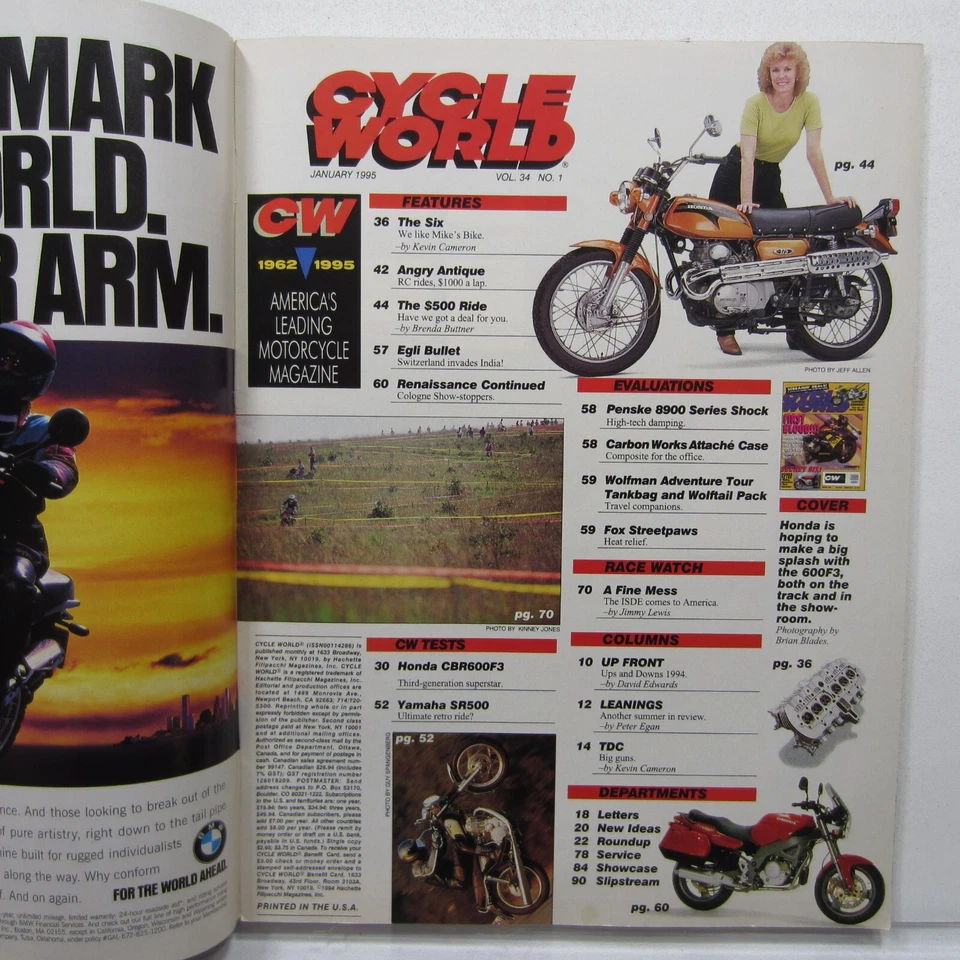 Cycle World Jan 1995 Vol 34 No 1 Honda CBR600F3, Yamaha SR500, Penske 8900 - Image 2 of 4