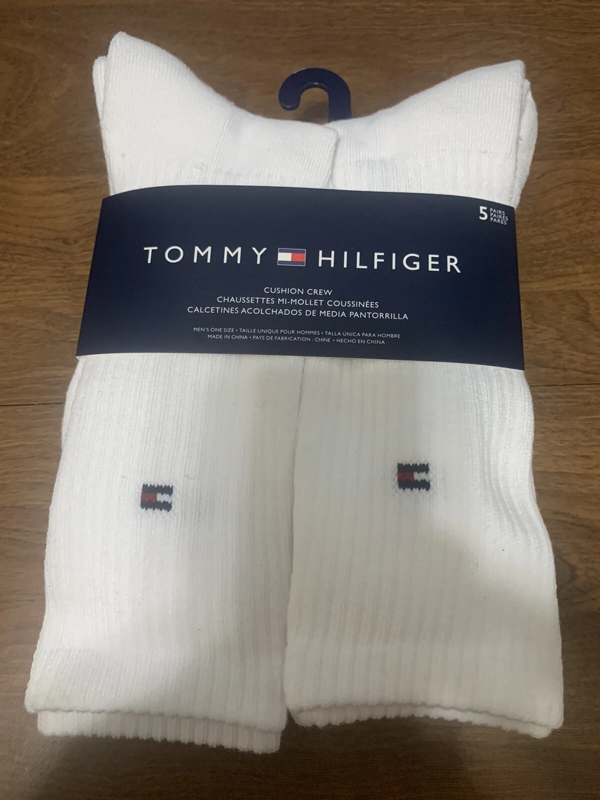 Tommy Hilfiger 5-Pair Athletic Cushion Crew Socks White with Flag Logo