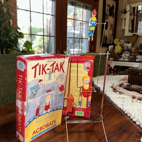 Schylling Tik-Tak Acrobats Wind Up Swing Toy W Box Tin  Clown Vintage G2