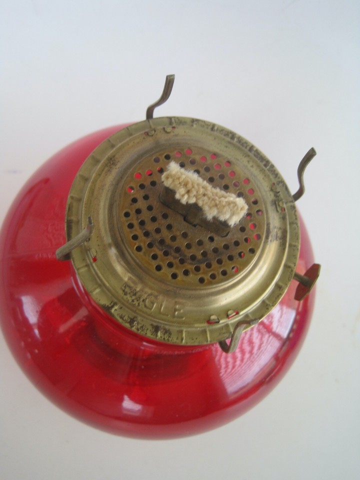 Oil Lamp Antique Red Clear Base W/ Wick No Chimney Eagle Brand