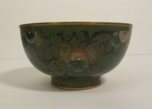 Chinese CLOISONNE Green Enamel on Bronze 6" Bowl, Calligraphy Marks