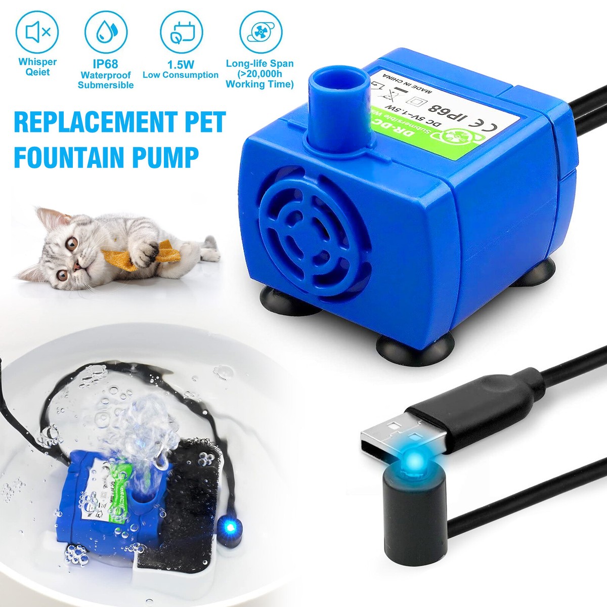 Electric LED Pet Drinking Water Fountain Pump USB Rechargeable