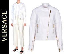 Versace White Neoprene Quilted Shoulders Moto Jacket sz US S/ IT 42 $3035  ITALY