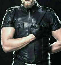 Men's Real Leather Police Shirt Gay Biker Schwarz Cuir Lederhemd Black Padded