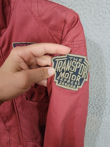 Scotch Shrunk Boys Waxed Cotton Jacket Size 10 With Patches Red Utility Coat - Picture 12 of 18