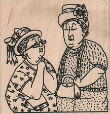 Two Ladies In Hats 2 1/2 x 2 1/2" Rubber Stamp, People Stamp, Lady Stamp