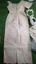 Vintage Ivory Wedding Dress Long Sleeve Lace w/ Veil Bridal Gown