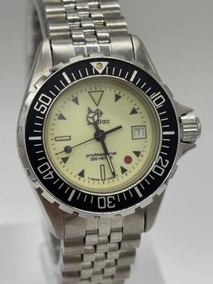 ZODIAC Professional Diver Watch 28mm Cream Yellow Dial Ladies 108.21.07 Used