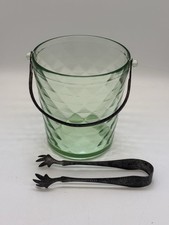Vintage Zielone Depresja Szkło uranowe Wiadro na lód z szczypcami