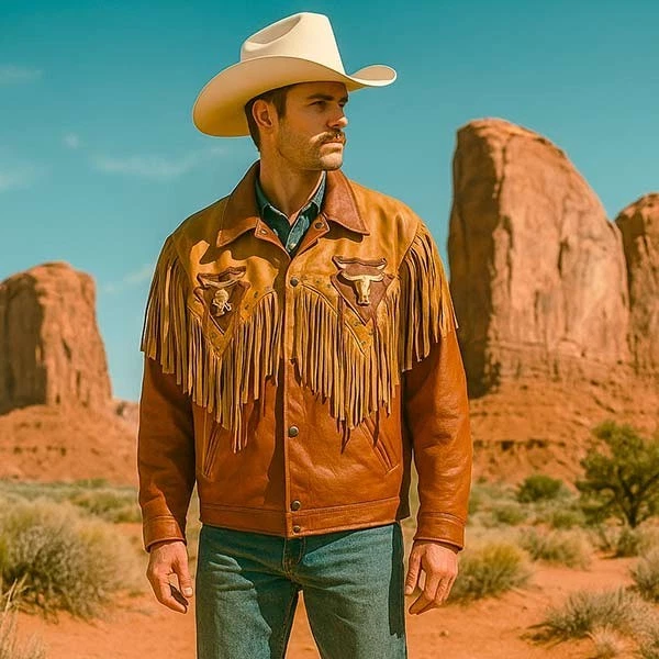 Veste Cowboy En Daim Marron à Franges Pour Homme - Style Western Vintage Neuf