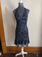 Vintage Y2K Midi Sparkle Navy Halter Dress. Festival Handkerchief Hem Ruffle