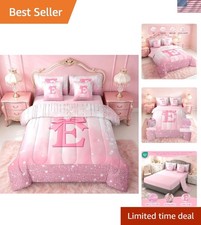 Adorable 7-Piece Full Size Kids Bedding Set in Bright Pink with Bowknot