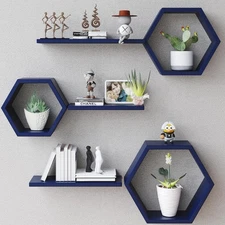 Wooden Hexagon Floating Shelves Wall Mounted,Set of 6 Pine Hexagon Shelves Di...