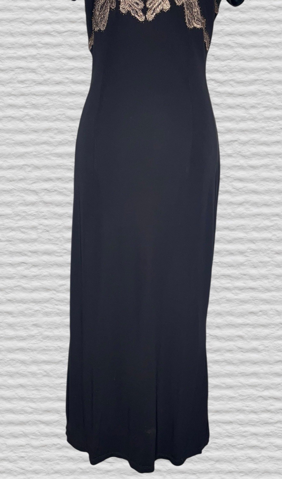 David Meister Embroidered Beaded Luxe Gown Womens 8 Black Gold Maxi Elegant Gala