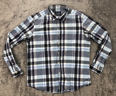 Massimo Dutti Shirt Mens XL Blue Plaid Long Sleeve Button Up Cotton Casual